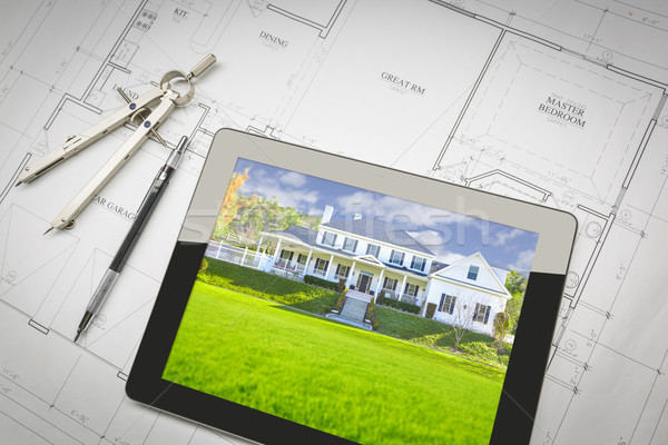 Computer Tablet Showing House Image On House Plans, Pencil, Comp Stock photo © feverpitch