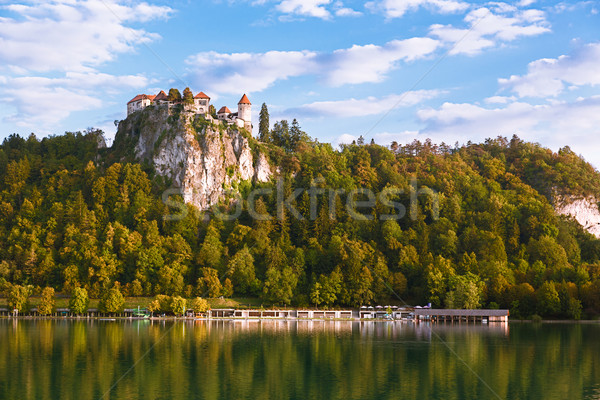 Stockfoto: Kasteel · meer · Slovenië · hemel · water · wolken