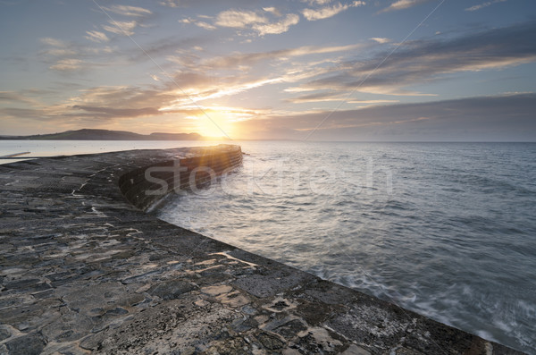 [[stock_photo]]: Sunrise · mur · coucher · du · soleil · paysage · mer · pierre