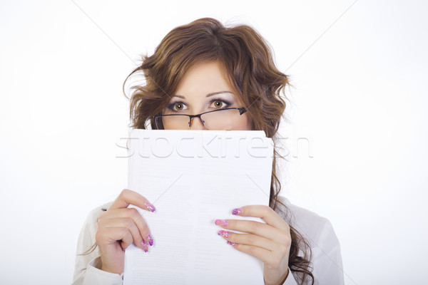 Lány szemüveg portré fehér egyéni iratok Stock fotó © fogen