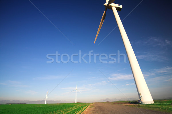 Wind Turbine Strom Generator stehen blauer Himmel Stock foto © Forgiss