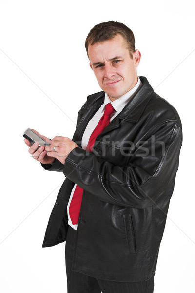 Foto stock: Empresario · hombre · de · negocios · negro · chaqueta · de · cuero · pda · negocios