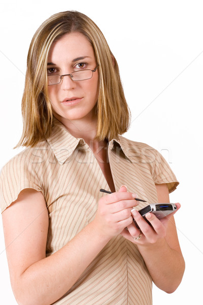 Glückseligkeit business woman halten Computer Arbeit Stock foto © Forgiss