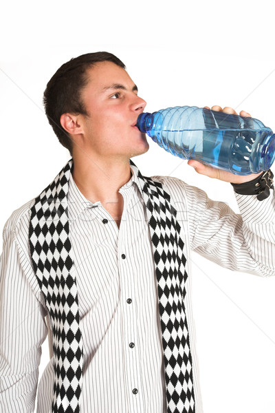 Człowiek biały shirt szalik woda butelkowana strony Zdjęcia stock © Forgiss