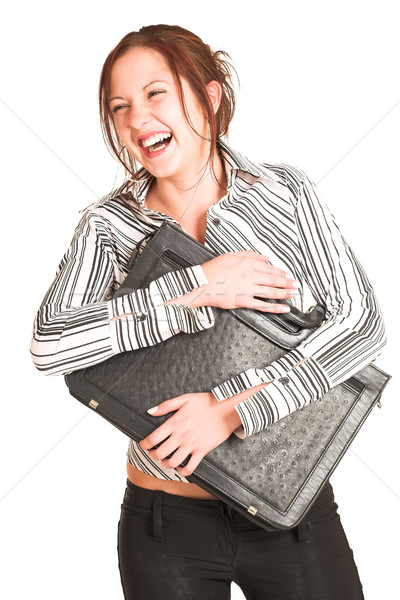 Business woman braune Haare weiß Shirt schwarz Streifen Stock foto © Forgiss
