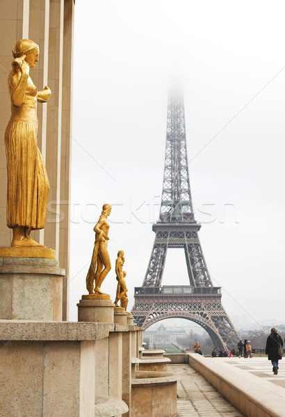 Paris altın heykel ön plan Eyfel Kulesi Fransa Stok fotoğraf © Forgiss