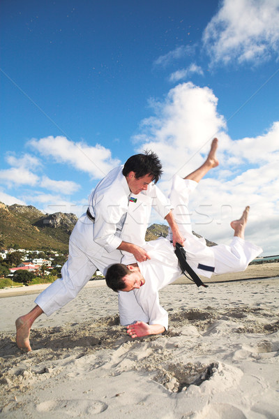 Men practicing Karate on the beach Stock photo © Forgiss