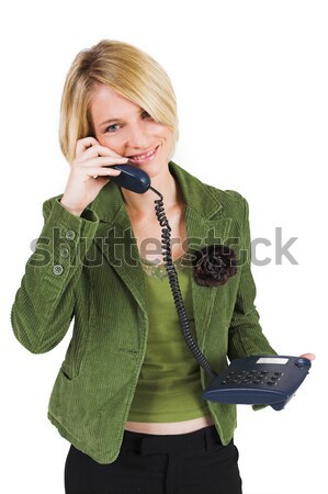 [[stock_photo]]: Femme · d'affaires · vert · veste · parler · sérieusement · téléphone
