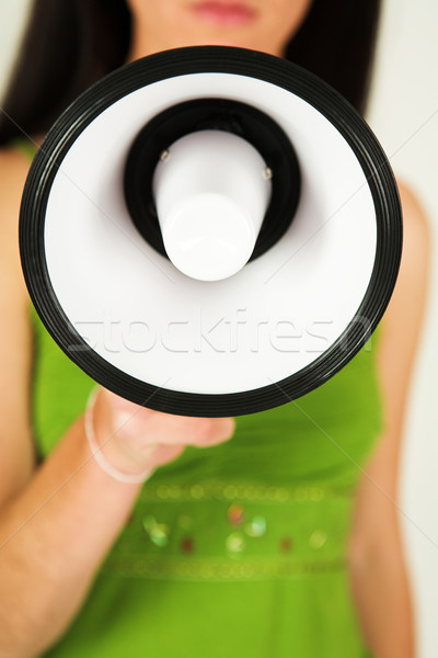 üzletasszony nő beszél hangszóró sekély mélységélesség Stock fotó © Forgiss