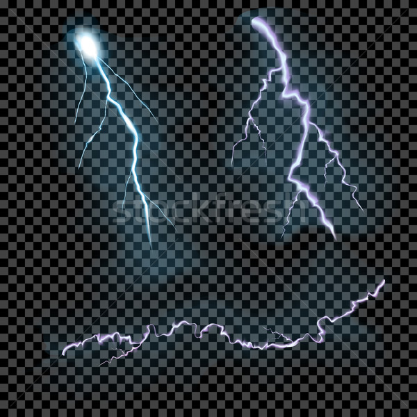 Vector set of isolated realistic transparent lightning bolts on black grey background Stock photo © Fosin