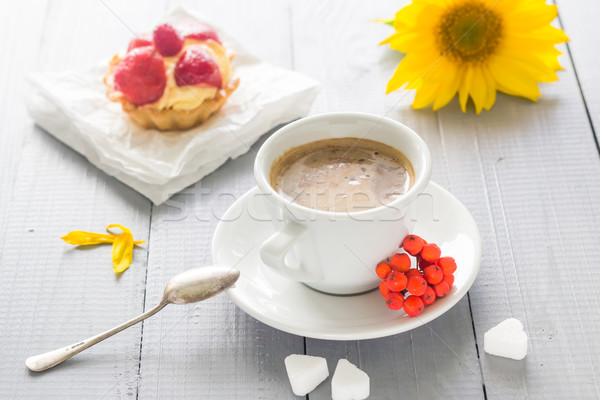Coffee cup milk sweet dessert cake strawberries sunflower rowan Stock photo © fotoaloja