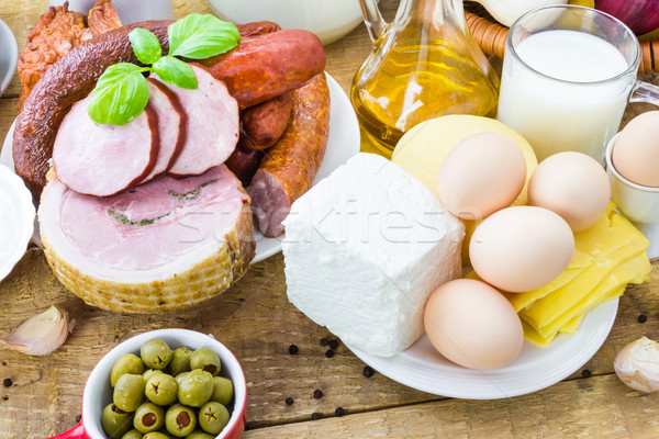 Vielfalt Lebensmittelgeschäft Produkte Fleisch Milchprodukte Holz Stock foto © fotoaloja