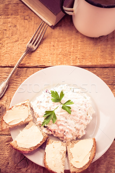 Hüttenkäse Brot Tasse Frischmilch Jahrgang Essen Stock foto © fotoaloja