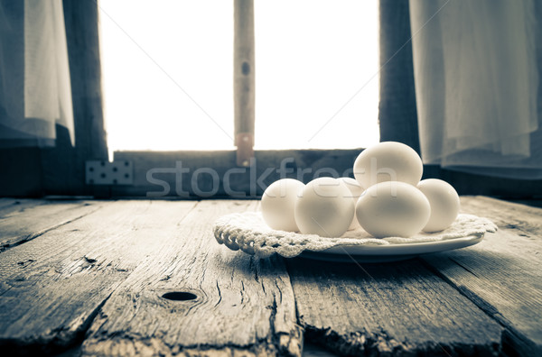 Old kitchen table rural hut morning egg Stock photo © fotoaloja