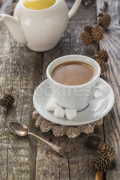 coffee cup black wooden board brown pines white jug Stock photo © fotoaloja