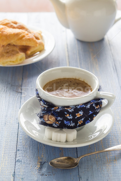 Stock photo: coffee cup black wooden board brown white jug milk croissants