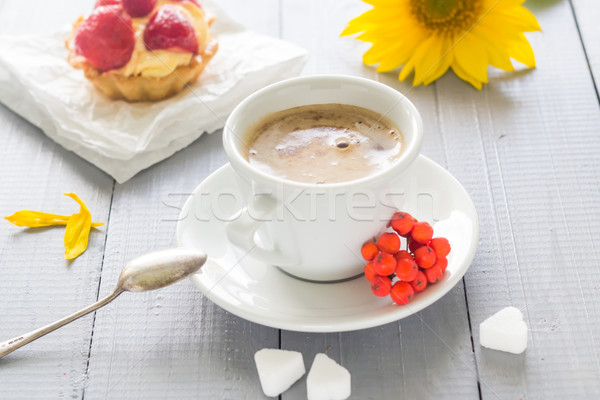 Coffee cup milk sweet dessert cake strawberries sunflower rowan Stock photo © fotoaloja