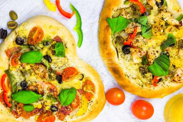 closeup pizza cheese meat vegetables Stock photo © fotoaloja