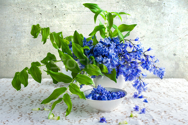 Stock photo: Still life bouquet polygonatum blue tones white crockery