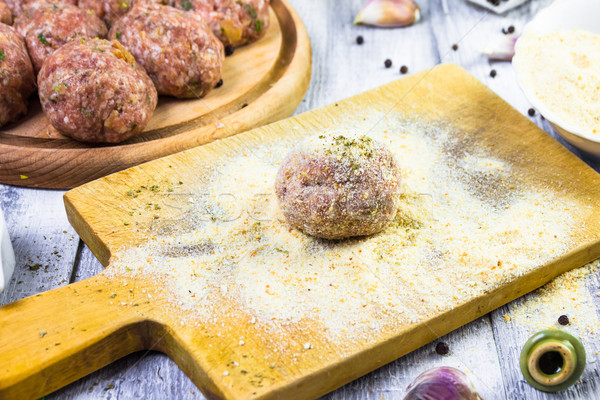 process rolling raw meatballs breadcrumbs Stock photo © fotoaloja