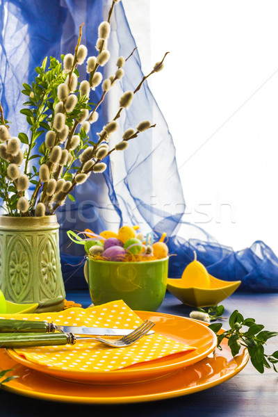 Easter table setting bunch willow catkins Stock photo © fotoaloja