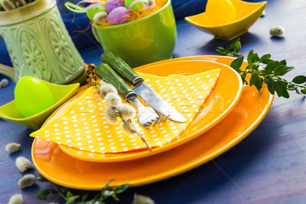 Easter table setting sprig pussy willow Stock photo © fotoaloja