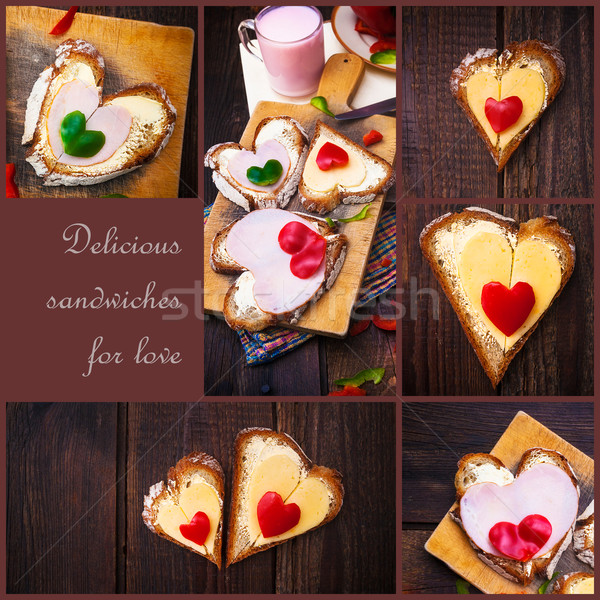 Collage pepper cheese sandwiches love wooden table heart Stock photo © fotoaloja