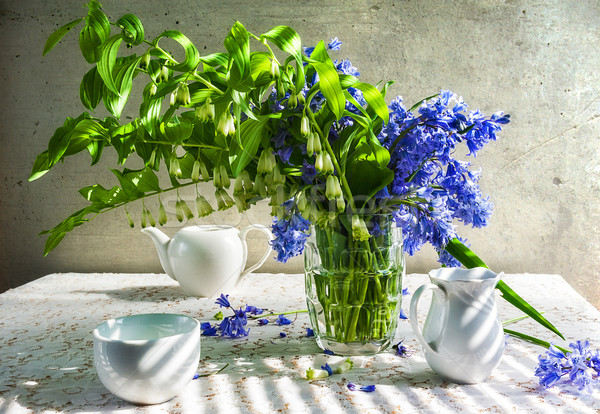 Still life bouquet polygonatum blue tones white crockery Stock photo © fotoaloja