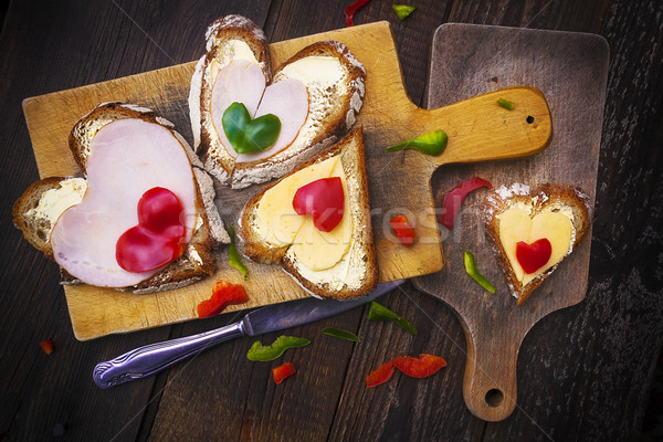heart sandwich shape wood board peppers food knife Stock photo © fotoaloja