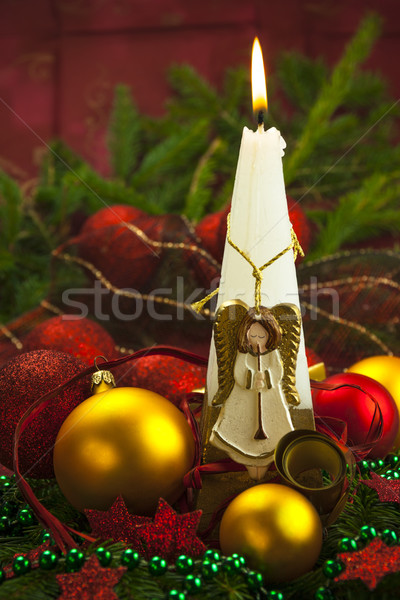 Christmas card candle light angel ball burning red Stock photo © fotoaloja