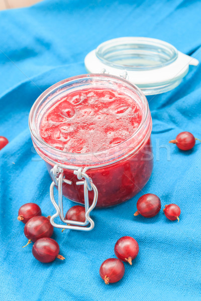 [[stock_photo]]: Faible · jar · confiture · bleu · tissu · cuisine