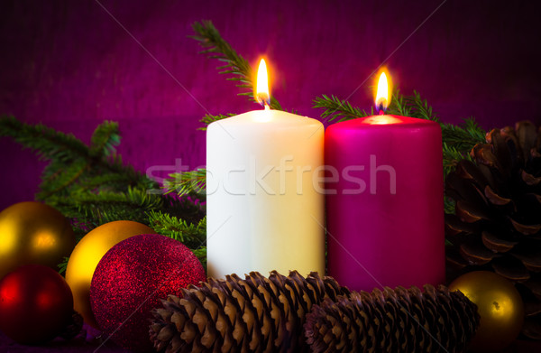 Christmas ornaments lighted candles baubles spruce twigs Stock photo © fotoaloja