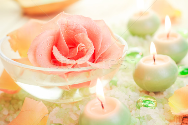 Stock photo: Spa components rose flower bath salt aromatic candles