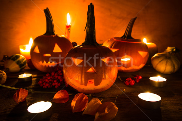 Halloween pumpkin lanterns dark light angry face fall Stock photo © fotoaloja