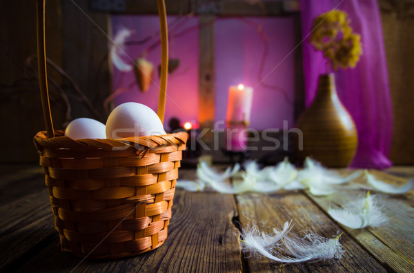 Vintage Easter basket eggs feathers Stock photo © fotoaloja