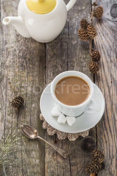 coffee cup black wooden board brown pines white jug Stock photo © fotoaloja