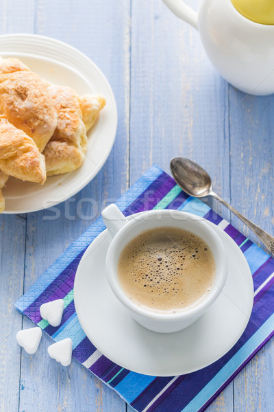 coffee cup black wooden board brown white jug milk croissants Stock photo © fotoaloja