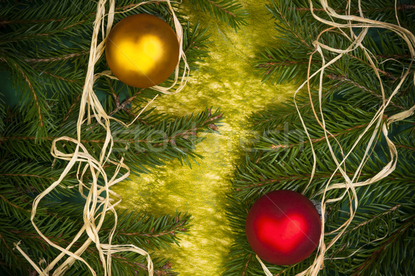 Baubles Glass Christmas card spruce twig green background Stock photo © fotoaloja