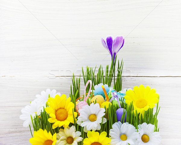 Easter Egg background wooden card spring flower grass Stock photo © fotoaloja