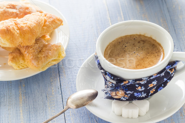 coffee cup black wooden board brown white milk croissants Stock photo © fotoaloja