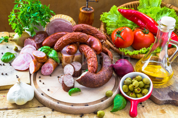 Variedad carne productos hortalizas madera naturaleza Foto stock © fotoaloja