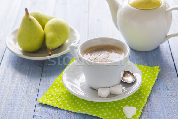 coffee cup black wooden board brown pears white jug milk Stock photo © fotoaloja