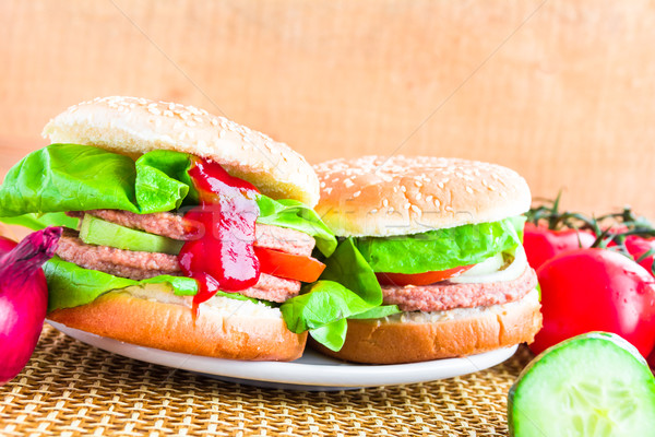 Tasty hamburgers fresh lettuce ketchup Stock photo © fotoaloja