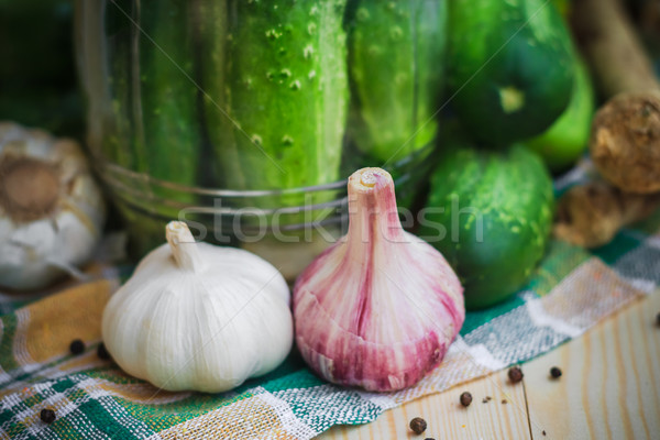 Closeup head garlic vicinity ingredients pickling cucumbers Stock photo © fotoaloja