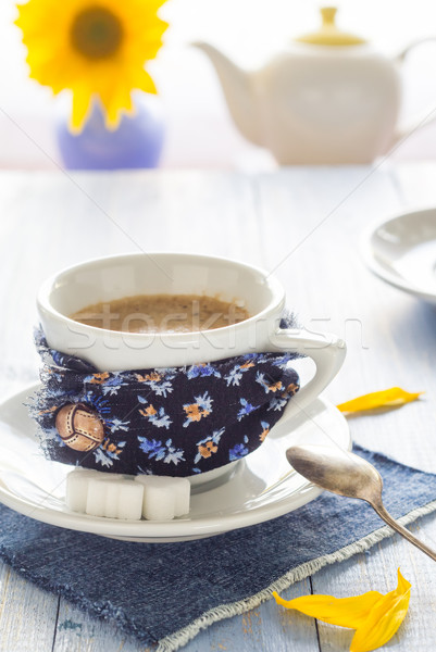 coffee cup black wooden board brown white jug milk sunflower Stock photo © fotoaloja