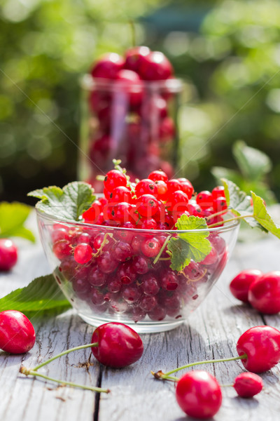 Stock photo: Freshly picked fruits currants cherries table