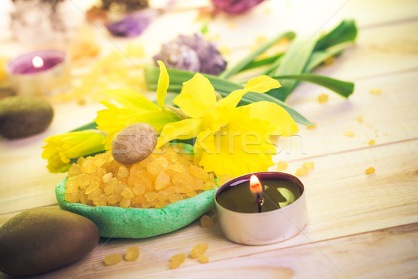 Spa concept scented candle salt bath Stock photo © fotoaloja