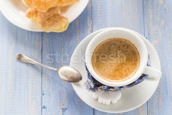 coffee cup black wooden board brown white milk croissants Stock photo © fotoaloja