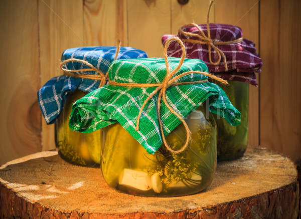 Jars pickled gherkins wooden table Stock photo © fotoaloja