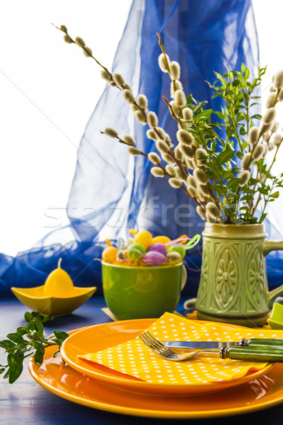 Húsvét asztal köteg fűzfa étterem vacsora Stock fotó © fotoaloja
